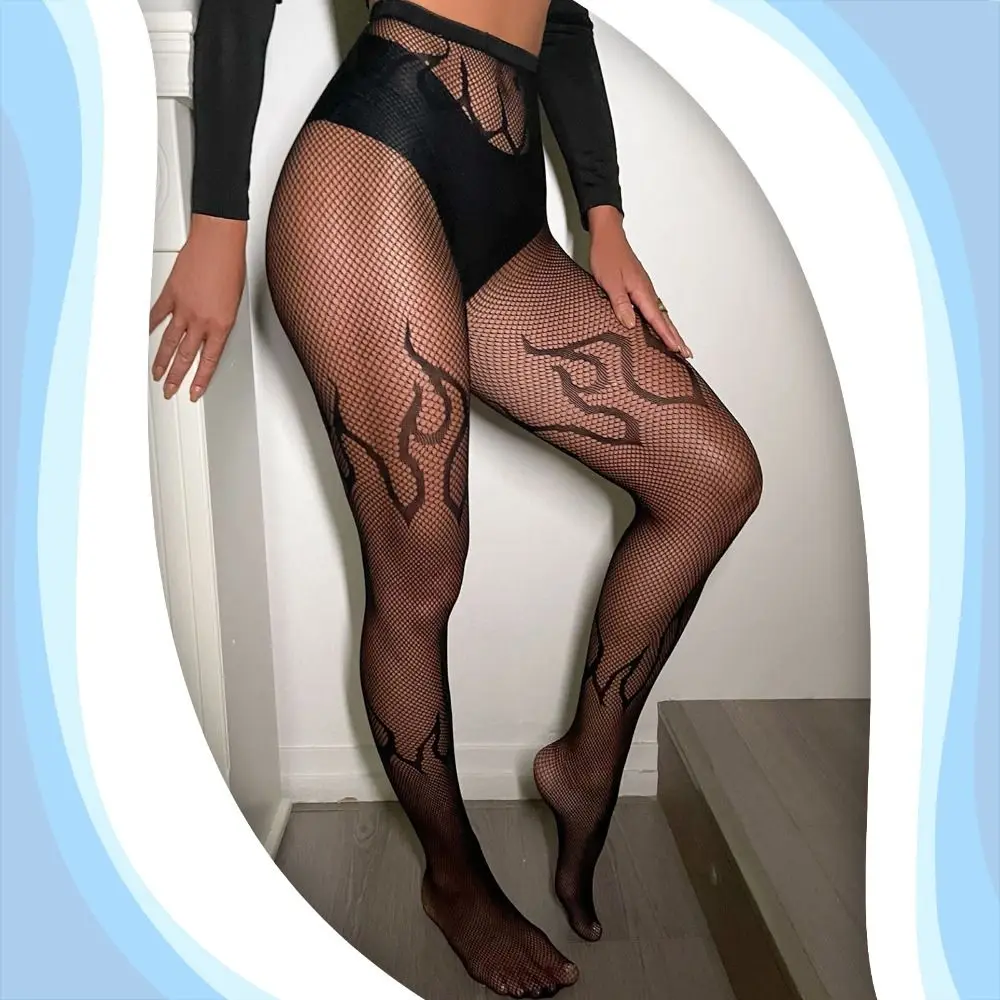  Черные женские ажурные чулки Высокая талия Высокая эластичная модель пламени Ажурные сетки Сексуальные ажурные колготки4