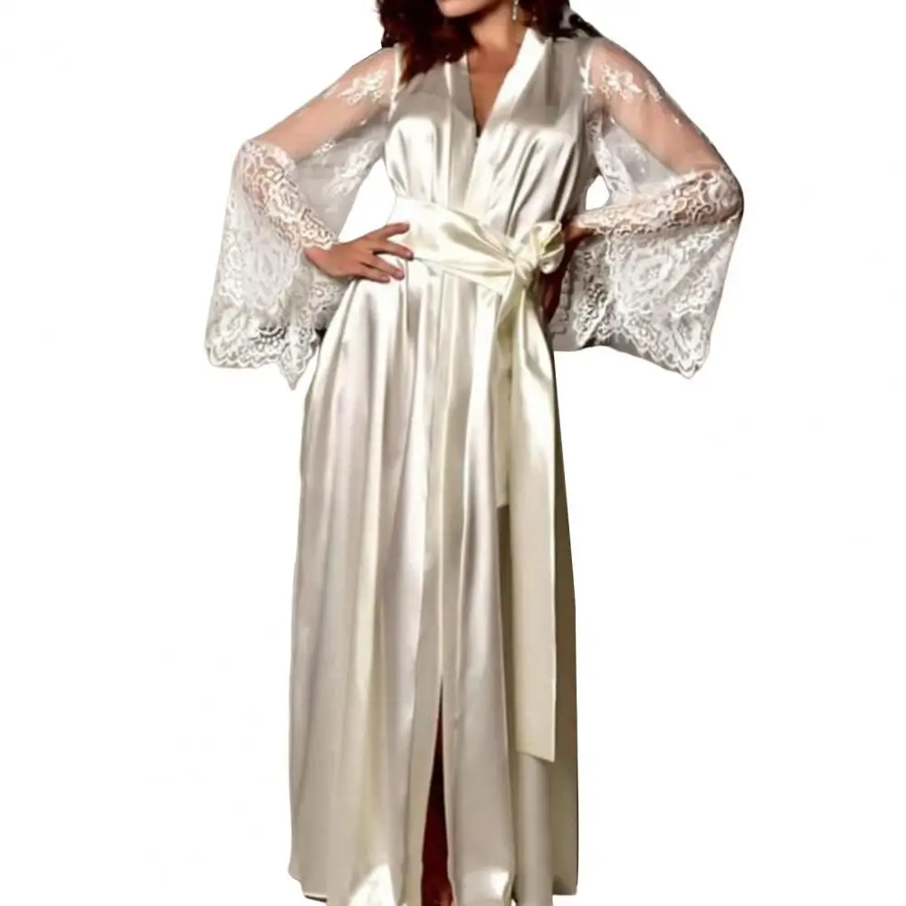 ночная рубашка прозрачная с длинными рукавами кружева атласная сетка с узкой талией на шнуровке сексуальный женский халат для сна0