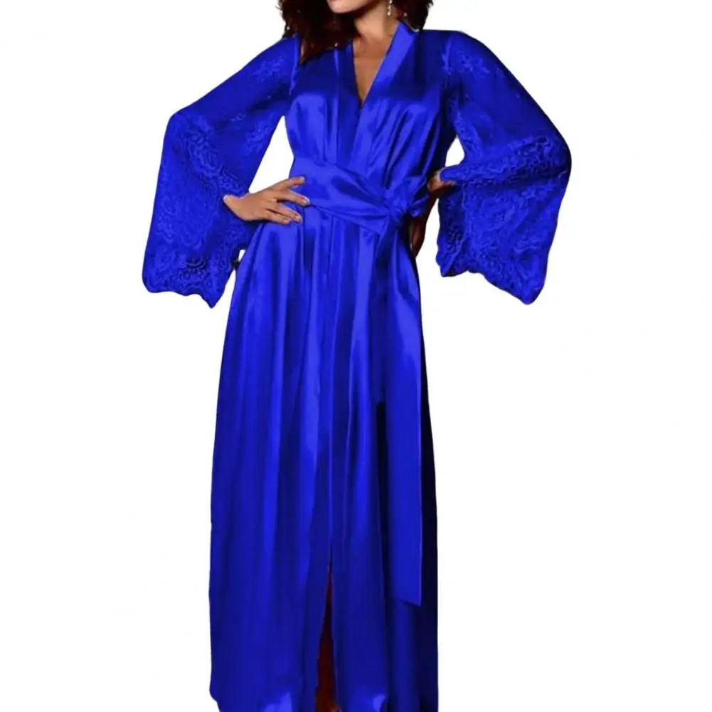 ночная рубашка прозрачная с длинными рукавами кружева атласная сетка с узкой талией на шнуровке сексуальный женский халат для сна3