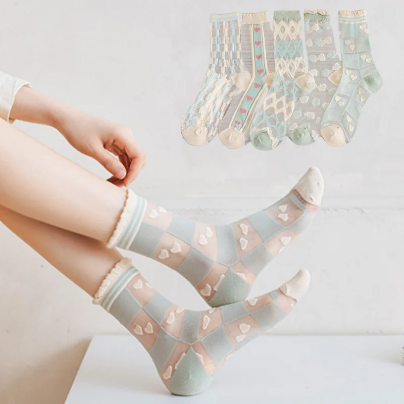 Летние носки с кристаллами, Кружевные носки, Носки со средним рукавом Aqua Blue Love Card, Женские носки0