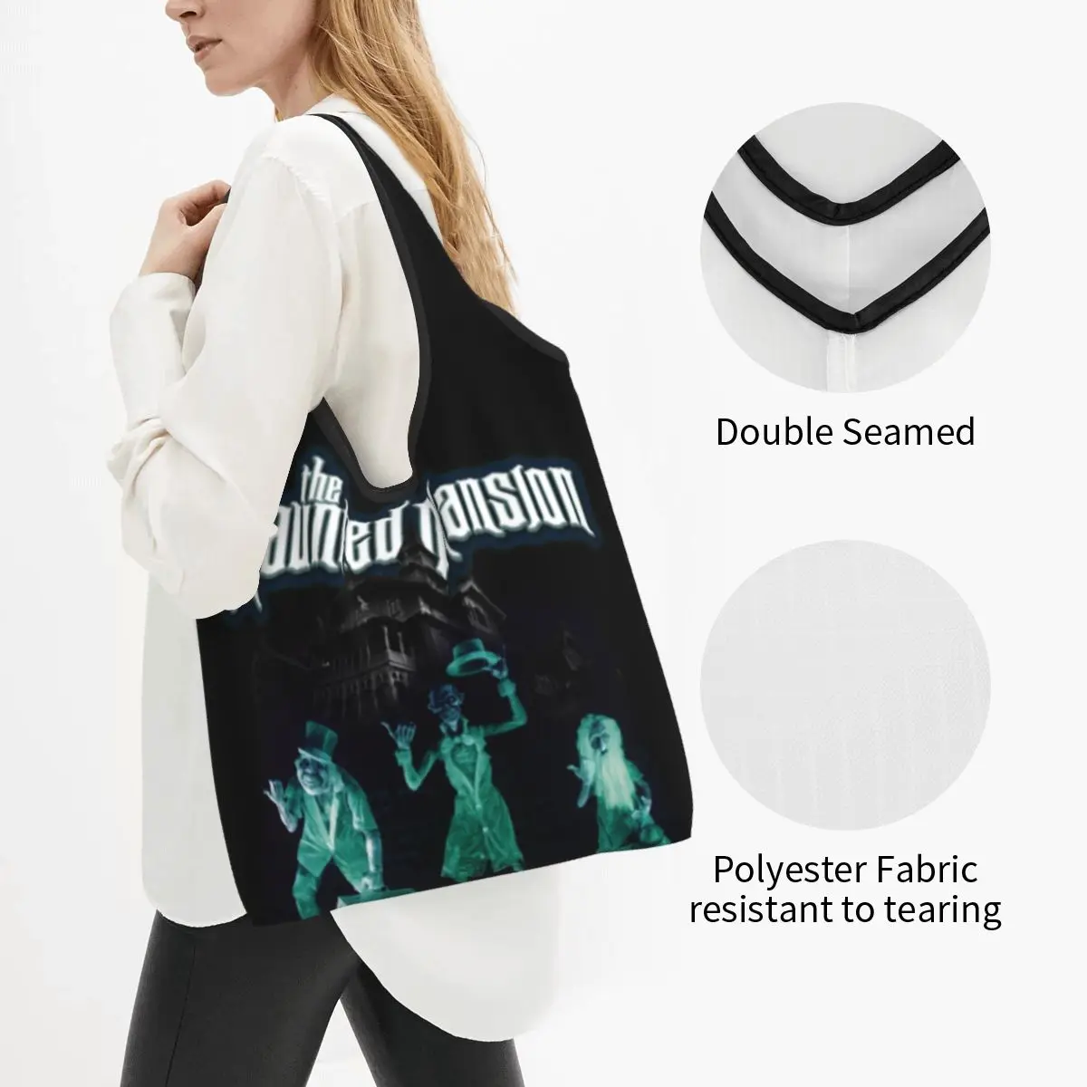 Переработка Особняк с привидениями Сумка для покупок Женская сумка-шопер Портативные мрачные ухмыляющиеся призрачные продуктовые сумки1