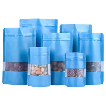 1000 шт./лот Stand up Синяя алюминиевая фольга Самоуплотняющийся пакет с окном, металлический пластиковый упаковочный пакет для еды чай конфеты печенье