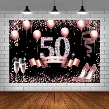 50th Birthday Фотография Фон Баннер Розовое Золото Счастливый Для Женщин Блеск Бриллианты Воздушные шары Высокие каблуки Сказочные украшения