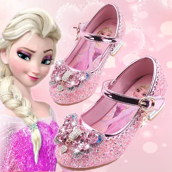 Frozen Elsa Сандалии Обувь для девочек на высоком каблуке Танцевальная обувь принцессы для девочек Модные туфли с кристаллами Розово-синие сандалии для девочек