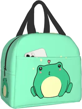Kawaii Green Frog Lunch Bento Bag Изолированный ланч-бокс Многоразовая водонепроницаемая сумка для ланча с передним карманом для пикника в туристическом офисе