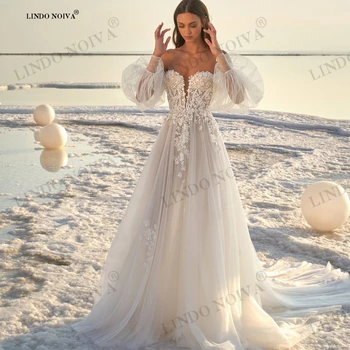 LINDO NOIVA Princess Пышные рукава Тюль Свадебное платье для женщин Аппликации с открытыми плечами Кружевные пляжные платья vestidos para mujer