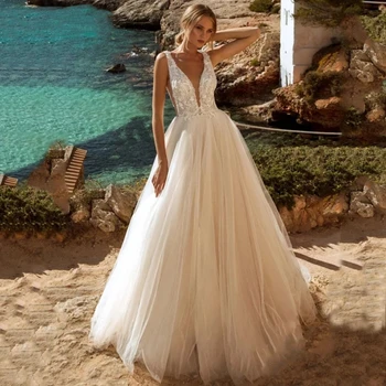 LISER Кружевные аппликации Свадебные платья для женщин Плюс размер Пляж Без спинки V-образным вырезом Свадебные платья Tull Sweep Train