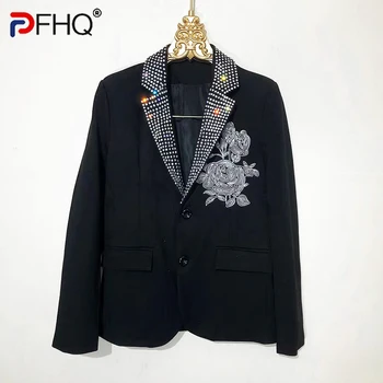 PFHQ Мужские пиджаки Высокое качество Горячий бриллиантовый воротник Розовый вышивка Костюм Банкет Тяжелая промышленность Блестящее пальто 21Z2159