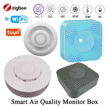 Tuya WIFI / Zigbee Smart Air Quality Monitor Box VOC HCHO PM2.5/10 Детектор газа Измеритель температуры Измеритель влажности 6 В 1 Воздушная домработница