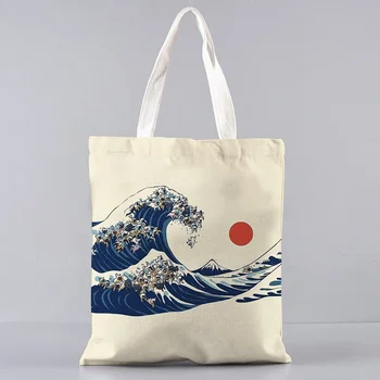  Винтаж Kanagawa Waves Painting Tote Женские экологически чистые холщовые моющиеся большие сумки для органайзера для хранения покупок