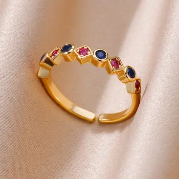 красочные циркон круглые квадратные кольца для женщин позолоченное регулируемое кольцо из нержавеющей стали свадебные ювелирные изделия бесплатная доставка anillos