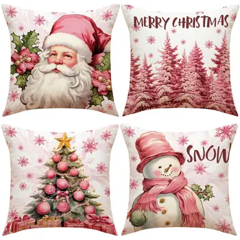  льняной наволочка с Рождеством 45x45 см Розовый Санта-Клаус Дизайн Декоративные подушки для дивана Дерево Снеговик