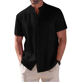 Мужская блузка Хлопковый лен Рубашка с коротким рукавом Свободный черный Пуговицы Деловой пуловер Топы Бохо Харадзюку Бич Льняная Рубашка