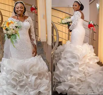 нигерийская африканская русалка свадьба плюс размер арабские оборки соборный шлейф кружева прозрачное свадебное платье с длинным рукавом