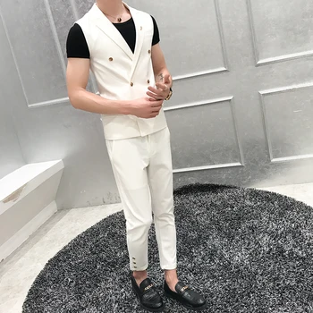 Новый мужской (жилет + брюки) Мода Корейская версия Облегающий двубортный свадебный жилет в британском стиле Безрукавка Комплект из 2 предметов
