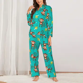 Пижамы Женщины Забавная обезьяна Банан Комната Пижамы Милое животное 2 шт. Эстетический пижамный комплект С длинным рукавом Симпатичный домашний костюм оверсайз
