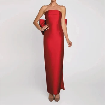 Простое красное атласное выпускное платье Длинный большой бант Без спины Без бретелек Вечерние платья с открытыми плечами Халат De Soiree Vestido Largo 2023