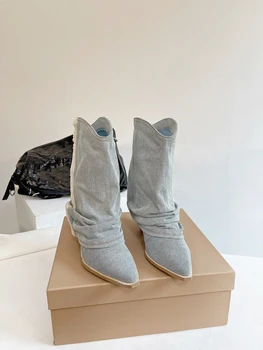 Ретро Современная мода Джинсовые сапоги Дизайнерская обувь Y2K Дизайнерская обувь выше колена Длинные сапоги на высоком каблуке для женщин Осенняя и зимняя обувь 2023
