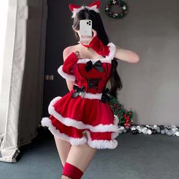 Сексуальная кошка Рождественский наряд Карнавал Сценическая вечеринка Косплей Горничная Униформа Красный бархат Лолита Японский и корейский костюм Рождественская красная юбка