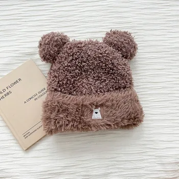 Теплая осенне-зимняя шапка маленького медведя Ветрозащитная плюшевая плюшевая утолщенная вязаная шапка Дышащая, мягкая и безопасная для кожи