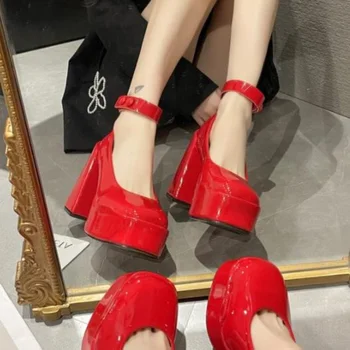 Черные красные туфли на высоком каблуке Корейская версия дикой туфли на толстом каблуке с квадратным носком Французский ретро Мэри Джейн Тренд Лолита Обувь на высоком каблуке